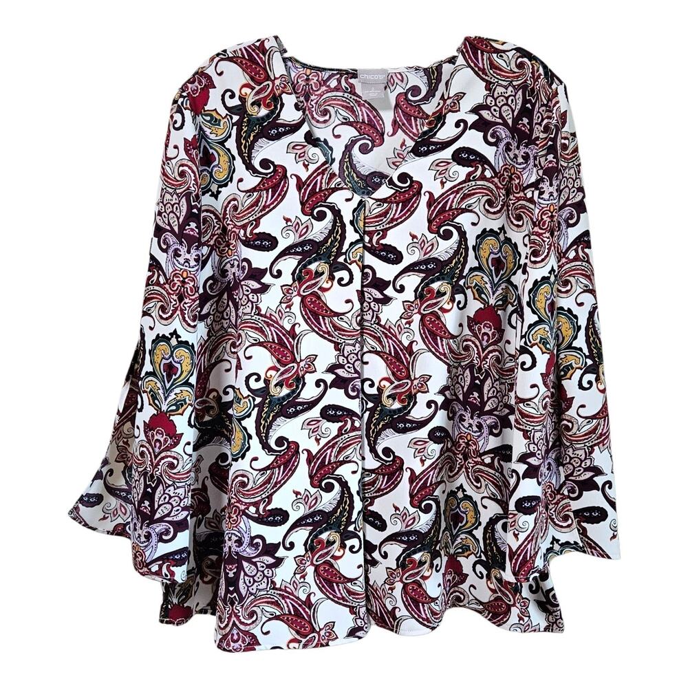 CHICO'S 2 Women L 12 14 Blouse Multicolor Paisley 3/4 Slit Bell Sleeve Bust 46"